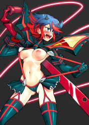 Rule 34 | 1girl, bad id, bad tumblr id, black hair, black thighhighs, blue eyes, blush, breasts, cherry-bosoms, cowboy shot, garter straps, gluteal fold, hands up, highres, kill la kill, legs apart, living clothes, matoi ryuuko, medium breasts, microskirt, midriff, multicolored hair, navel, nipples, open mouth, pleated skirt, pulling own clothes, red hair, revealing clothes, scissor blade (kill la kill), senketsu, short hair, skirt, solo, strap pull, streaked hair, suspenders, thighhighs, two-tone hair, weapon, weapon on back