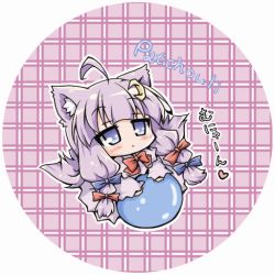 Rule 34 | 1girl, ahoge, animal ears, ball, blue eyes, blush stickers, cat ears, cat girl, crescent, crescent hair ornament, female focus, hair ornament, kemonomimi mode, lowres, neko yume, patchouli knowledge, purple hair, solo, touhou, translation request