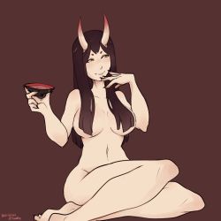 Rule 34 | alcohol, breasts, brown background, brown hair, cup, gyarusatan, hair over breasts, horns, legs together, looking to the side, monster girl, navel, nude, oni, oni horns, sakazuki, sake, simple background, solo, yellow eyes