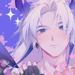 Rule 34 | 1boy, absurdres, artist name, blue eyes, blush, cherry blossoms, earrings, hand on own shoulder, highres, horns, jewelry, league of legends, long hair, male focus, portrait, ruan chen yue, single earring, solo, sparkle, spirit blossom (league of legends), spirit blossom yone, white hair, yone (league of legends)