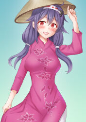 Rule 34 | 1girl, alternate costume, anti (untea9), blue background, breasts, cowboy shot, dress, floral print, gradient background, hair flaps, hair ornament, hairband, hat, highres, holding, holding clothes, holding hat, kantai collection, large breasts, low twintails, pink dress, purple hair, red eyes, rice hat, ryuuhou (kancolle), smile, solo, taigei (kancolle), twintails, vietnamese dress, whale hair ornament, white hairband