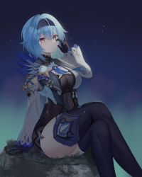 Rule 34 | 1girl, arm support, black gloves, black hairband, black thighhighs, blue hair, bodysuit, breasts, cleavage, closed mouth, covered navel, crossed legs, crying, crying with eyes open, detached sleeves, eula (genshin impact), genshin impact, gloves, grass, hair between eyes, hairband, highres, large breasts, long hair, looking at viewer, night, night sky, purple eyes, rererere mon, rock, sitting, sitting on rock, sky, solo, star (sky), starry sky, tears, thighhighs, vision (genshin impact), wide sleeves, wiping tears