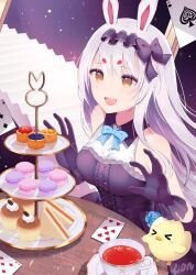 Rule 34 | 1girl, ace (playing card), ace of spades, animal ears, azur lane, black bow, black gloves, blue flower, blue rose, bow, brown eyes, card, cup, dress, egg tart, eight of hearts, flower, food, frilled dress, frills, gloves, grey hair, hair bow, long hair, macaron, manjuu (azur lane), open mouth, playing card, rabbit ears, rose, sandwich, saucer, seven of hearts, shan (ti0n), shimakaze (azur lane), shimakaze (the white rabbit of wonderland) (azur lane), sleeveless, sleeveless dress, spade (shape), stairs, table, teacup, third-party source, three of clubs, two-tone dress