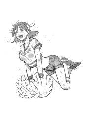 Rule 34 | 10s, 1girl, :d, bad id, bad pixiv id, cheerleader, clothes writing, copyright name, crop top, greyscale, hairband, headgear, hiei (kancolle), kantai collection, kirusu, kneehighs, monochrome, open mouth, pom pom (cheerleading), shoes, short hair, shorts, sketch, smile, sneakers, socks, solo, sweat