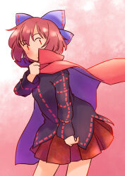 Rule 34 | 1girl, black shirt, blue bow, bow, cape, collared cape, commentary request, cowboy shot, hair bow, hand up, long sleeves, miniskirt, pleated skirt, rangycrow, red background, red cape, red eyes, red hair, red skirt, red theme, ribbon-trimmed bow, sekibanki, sekibanki day, shirt, skirt, solo, touhou, | |
