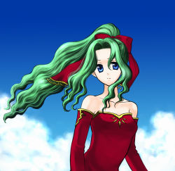 Rule 34 | 1990s (style), 1girl, 74, bare shoulders, blue eyes, detached sleeves, female focus, final fantasy, final fantasy vi, green hair, long hair, outdoors, ponytail, red ribbon, ribbon, sky, solo, tina branford