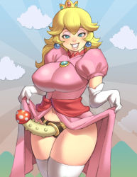 Rule 34 | 1girl, bad id, bad pixiv id, blonde hair, blue eyes, blush, breasts, clothes lift, crown, curvy, dildo, dress, dress lift, earrings, elbow gloves, eyelashes, eyeshadow, gloves, grin, jewelry, large breasts, lips, long hair, looking at viewer, makeup, maou alba, mario (series), mushroom, naughty face, navel, nintendo, pink dress, plump, princess peach, puffy sleeves, rape face, sash, sex toy, smile, solo, strap-on, thighhighs, thighs, white gloves, you gonna get raped