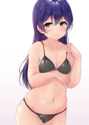 Rule 34 | 1girl, absurdres, arm under breasts, bare shoulders, bikini, black bikini, blue hair, blush, breasts, cleavage, closed mouth, collarbone, cowboy shot, gluteal fold, gradient background, hair between eyes, highres, long hair, love live!, navel, shinonon (iso shino), sidelocks, simple background, small breasts, smile, solo, sonoda umi, standing, swimsuit, thighs, yellow eyes