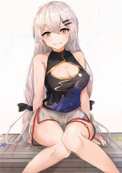 Rule 34 | 1girl, absurdres, bare shoulders, black ribbon, breasts, brown eyes, china dress, chinese clothes, cleavage, closed mouth, dress, girls&#039; frontline, grey hair, hair ribbon, highres, knees together feet apart, long hair, looking at viewer, medium breasts, muteppona hito, ribbon, shorts, sitting, sitting on object, smile, solo, svd (girls&#039; frontline), thighs, weapon case, white background, white shorts
