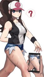 1girl absurdres ass blue_eyes breasts centvie creatures_(company) denim denim_shorts game_freak hat highres hilda_(pokemon) medium_breasts nintendo pokemon pokemon_bw shorts sorian66 sweat thighs