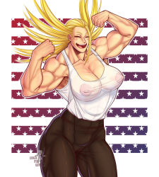 Rule 34 | 1girl, american flag background, bare shoulders, black pants, blonde hair, blush, boku no hero academia, breasts, cathleen bate, closed eyes, female focus, highres, large breasts, long hair, muscular, muscular female, pants, pointy hair, see-through, shirt, sleeveless, sleeveless shirt, smile, solo, star and stripe, tall female