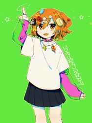 Rule 34 | 1girl, a.i. voice, adachi rei, alternate costume, black skirt, collar, commentary request, corn dog, decora, fangs, feet out of frame, finger twirl, food-themed hair ornament, green background, green sleeves, hair ornament, hand up, jewelry, kizuna ne0, konbini dance store (utau), layered sleeves, lollipop hair ornament, long sleeves, looking at viewer, one side up, onigiri hair ornament, orange eyes, orange hair, pink collar, pink sleeves, popsicle hair ornament, ring, shirt, short hair, short over long sleeves, short sleeves, simple background, skin fangs, skirt, smile, solo, song name, standing, star (symbol), text hair ornament, two-tone sleeves, utau, white shirt