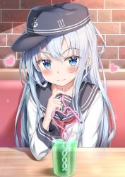 Rule 34 | 1girl, absurdres, anchor symbol, bendy straw, blue eyes, blush, closed mouth, collarbone, commentary request, crazy straw, cup, drink, drinking glass, drinking straw, flat cap, hair between eyes, hat, heart, heart straw, hibiki (kancolle), highres, holding, kantai collection, long hair, long sleeves, looking at viewer, neckerchief, nedia (nedia region), sailor collar, school uniform, serafuku, silver hair, smile, solo