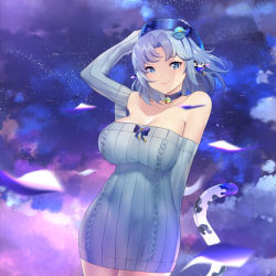 Rule 34 | 1girl, alternate breast size, animal ears, blue sweater, breasts, cleavage, cloud, collarbone, commission, confetti, cow ears, cow girl, cow tail, dress, floating hair, hair ornament, highres, indie virtual youtuber, kaiend, large breasts, miilkywayz, night, night sky, off-shoulder sweater, off shoulder, parted bangs, planet hair ornament, ribbed sweater, short hair, sky, smile, solo, sweater, sweater dress, tail, virtual youtuber