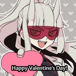Rule 34 | 1girl, :d, ahoge, black necktie, collared shirt, gloves, grey background, grey hair, happy valentine, heart, helltaker, holding, holding heart, horns, long hair, looking at viewer, loremaster (helltaker), necktie, noah (tettsui-sole), open mouth, outline, ponytail, red goggles, red shirt, shirt, smile, solo, teeth, upper teeth only, white gloves, white outline