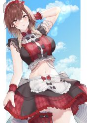 Rule 34 | 1girl, absurdres, aketa mikoto, arm up, blush, breasts, brown eyes, brown hair, cowboy shot, highres, hourai ninjin, idolmaster, idolmaster shiny colors, large breasts, looking at viewer, medium hair, navel, outdoors, parted lips, red skirt, skirt, sky, solo, standing, thigh strap