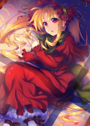 Rule 34 | 00s, 1girl, blonde hair, bonnet, capelet, commentary request, cosplay, dress, fate testarossa, flower, highres, lolita fashion, long hair, lying, lyrical nanoha, mahou shoujo lyrical nanoha, on side, open mouth, raiou, red dress, red eyes, red flower, red rose, rose, rozen maiden, shinku, shinku (cosplay), solo, twintails, very long hair