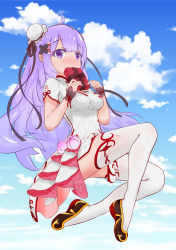 Rule 34 | 1girl, absurdres, ahoge, azur lane, black footwear, blue sky, blush, box, breasts, bun cover, cloud, commentary request, day, double bun, dress, fingernails, full body, gift, gift box, hair bun, hands up, highres, holding, holding gift, long hair, looking at viewer, medium breasts, nail polish, outdoors, parted lips, pelvic curtain, pink nails, purple eyes, purple hair, shoes, short sleeves, side bun, sidelocks, sky, solo, thighhighs, unicorn (azur lane), unicorn (the gift of spring) (azur lane), vchvjbnp, very long hair, white dress, white thighhighs, wrist cuffs
