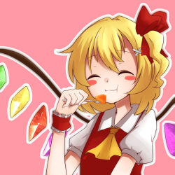 Rule 34 | 1girl, :t, ^ ^, ascot, blonde hair, blouse, blush stickers, closed eyes, eating, flandre scarlet, food, fork, fruit, hair ribbon, holding, kameyan, melon, outline, pink background, ribbon, shirt, short hair, simple background, smile, solo, touhou, upper body, vest, wings, wrist cuffs