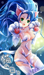 Rule 34 | 1girl, :d, animal ears, animal hands, big hair, blue hair, breasts, capcom, cat ears, cat tail, fangs, felicia (vampire), fur, green eyes, hip focus, jewelry, knees, large breasts, legs, long hair, midriff, navel, necklace, open mouth, skyscope, smile, solo, tail, vampire (game)