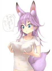 Rule 34 | 1girl, :o, animal ears, blue eyes, blush, breast hold, breasts, fox ears, fox tail, highres, long hair, nosuku, original, out-of-frame censoring, purple hair, solo, speech bubble, tail, text focus, translated