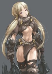 Rule 34 | 1girl, abs, axe, barbarian, battle axe, blonde hair, boots, breasts, cape, dual wielding, fantasy, fingerless gloves, fur cape, gloves, hair tubes, holding, ironlily, jitome, knee boots, loincloth, long hair, mace, medium breasts, navel, no bra, original, pelvic curtain, purple eyes, smug, solo, thigh strap, twintails, underboob, weapon