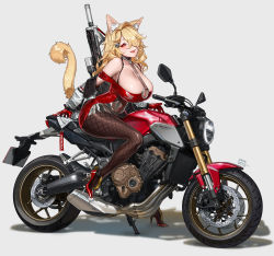 Rule 34 | 1girl, absurdres, animal ears, assault rifle, blonde hair, breasts, cat ears, cat girl, cat tail, cleavage, commentary, dress, english commentary, eyeliner, fishnets, gloves, grey background, grey jacket, gun, hair over one eye, high heels, highres, honda, jacket, kare huang, large breasts, motor vehicle, motorcycle, off-shoulder dress, off shoulder, original, red dress, red eyeliner, red eyes, red gloves, rifle, tail, weapon