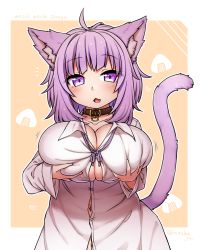 Rule 34 | 1girl, ahoge, animal ears, blunt bangs, blush, breasts, button gap, cat ears, cat girl, cleavage, fang, grabbing own breast, highres, hololive, large breasts, long hair, looking at viewer, loose necktie, navel, necktie, nekomata okayu, nekomata okayu (oversized shirt), no bra, no pants, official alternate costume, open mouth, purple eyes, purple hair, purple necktie, rutsubo, shirt, short hair, solo, virtual youtuber, white shirt