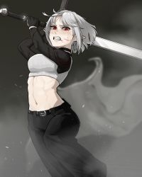 Rule 34 | 1girl, absurdres, arms up, belt, belt buckle, black choker, black gloves, buckle, choker, clenched teeth, crying, crying with eyes open, dust cloud, gloves, greatsword, grey hair, grey pupils, highres, holding, holding sword, holding weapon, incoming attack, injury, insact9704, light particles, medium hair, midriff, navel, original, pointy ears, red eyes, rooh (insact), rusellunt, scratches, solo, sword, tears, teeth, toned, weapon, zweihander