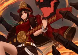 Rule 34 | 1girl, black hair, blackestella, cape, family crest, fate/grand order, fate (series), hat, highres, long hair, looking at viewer, oda nobunaga (fate), oda nobunaga (fate), oda nobunaga (koha-ace), oda nobunaga (swimsuit berserker) (fate), oda uri, parted lips, peaked cap, red cape, red eyes, red shirt, shirt, shorts, smile, solo, sword, v-shaped eyebrows, weapon