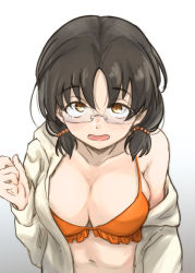 Rule 34 | 1girl, asano fuka, bikini, black hair, blush, breasts, brown eyes, cleavage, collarbone, commentary request, glasses, idolmaster, idolmaster cinderella girls, jacket, large breasts, looking at viewer, low twintails, open mouth, orange bikini, short hair, solo, swimsuit, twintails, unu (unucence), white jacket