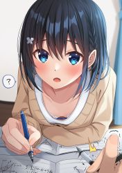 Rule 34 | 1girl, ?, blue bra, blue eyes, blush, bow, bow bra, bra, bra peek, braid, breasts, butterfly hair ornament, clueless, collarbone, commentary request, curtains, dot nose, downblouse, fingernails, hair ornament, highres, indoors, komori kuzuyu, leaning forward, long sleeves, looking at viewer, math, medium hair, open mouth, original, pen, pov, rivier (kuzuyu), shadow, small breasts, solo, speech bubble, sweater, twitching, underwear, upper body, yellow sweater