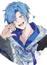 Rule 34 | 1boy, absurdres, blue hair, curtained hair, facing viewer, half-heart hands, happy, heart, highres, holostars, holostars english, hood, hoodie, layered clothes, long sleeves, magnolia29, male focus, open mouth, regis altare, short hair, sketch, smile, solo, teeth, upper body, upper teeth only, virtual youtuber, white background