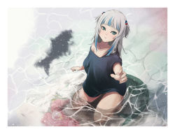 Rule 34 | 1girl, absurdres, barefoot, black shirt, blue hair, gawr gura, green eyes, grey hair, hair ornament, hairpin, highres, hololive, hololive english, in water, kneeling, looking at viewer, multicolored hair, oversized clothes, peropicnic, shadow, shirt, short sleeves, short twintails, solo, streaked hair, twintails, virtual youtuber, water