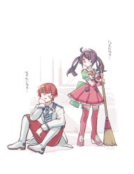 Rule 34 | 1boy, 1girl, arsloid, bandaid, bandaid on face, boots, broom, dress, highres, holding, jacket, knee boots, long hair, looking up, mi no take, necktie, open mouth, pants, pink footwear, puffy short sleeves, puffy sleeves, purple eyes, purple hair, red eyes, red hair, school uniform, short sleeves, sitting, skirt, sweeping, thigh boots, tone rion, twintails, vocaloid, white footwear
