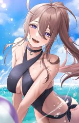 Rule 34 | 1girl, ball, banned artist, beachball, black one-piece swimsuit, blue eyes, blue sky, blush, breasts, brown hair, cloud, covered navel, crescent, crescent necklace, expulse, fangs, jewelry, large breasts, long hair, nana (kurisustinah), necklace, ocean, one-piece swimsuit, open mouth, original, sky, solo, swimsuit