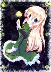 Rule 34 | 1girl, ahoge, blonde hair, blue eyes, dress, flower, green dress, highres, holding, ib (kouri), long hair, looking at viewer, looking back, mary (ib), mary janes, open mouth, pantyhose, rose, shoes, sitting, solo, zefa (neoaltemice)