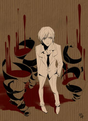 Rule 34 | 1boy, alice? (are you alice?), are you alice?, artist request, blood, cup, formal, full body, hands in pockets, looking ahead, looking up, male focus, necktie, open mouth, short hair, solo