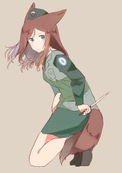 Rule 34 | 1girl, absurdres, animal ears, beret, black footwear, black hair, blue eyes, boots, closed mouth, commentary, dress shirt, emblem, from side, frown, full body, girls und panzer, green hat, green jacket, green skirt, grey background, hat, highres, holding, holding knife, jacket, japanese tankery league (emblem), kemonomimi mode, kneeling, knife, leaning forward, long hair, long sleeves, looking at viewer, looking back, megumi (girls und panzer), military, military hat, military uniform, miluke, miniskirt, pencil skirt, selection university (emblem), selection university military uniform, shirt, simple background, skirt, solo, swept bangs, tail, uniform, white shirt