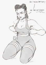 Rule 34 | 1girl, absurdres, adjusting clothes, alternate costume, annoyed, apex legends, braid, breast conscious, breasts, choker, cleavage, collarbone, commentary, ear piercing, english commentary, english text, eyeshadow, greyscale, hair behind ear, highres, ifragmentix, loba (apex legends), long hair, makeup, medium breasts, monochrome, pants, piercing, solo, sports bra, twin braids, very long hair, white background, yoga pants