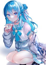Rule 34 | 1girl, absurdres, black footwear, blue choker, blue eyes, blue hair, blue nails, blush, cardigan, choker, commentary request, drinking, drinking straw, grey cardigan, hair between eyes, hair bun, hair ribbon, hand up, highres, holding, hololive, hoshimachi suisei, hoshimachi suisei (school uniform), juice box, long hair, long sleeves, looking at viewer, nail polish, neginoki, off shoulder, open cardigan, open clothes, pleated skirt, puffy long sleeves, puffy short sleeves, puffy sleeves, ribbon, sailor collar, school uniform, serafuku, shirt, shoes, short sleeves, single hair bun, skirt, sleeves past wrists, socks, solo, squatting, star (symbol), very long hair, virtual youtuber, white background, white ribbon, white sailor collar, white serafuku, white shirt, white skirt, white socks, yellow star