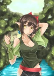 Rule 34 | 1girl, arm behind head, bare shoulders, breasts, brown hair, cleavage, collarbone, highres, looking at viewer, original, outdoors, parted lips, pointy ears, shirt, short hair, sleeveless, sleeveless shirt, solo, tanukicho ask, yellow eyes
