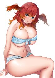 Rule 34 | 1girl, absurdres, blue panties, breasts, cleavage, commission, gradient hair, green eyes, head wings, highres, huge breasts, looking at viewer, medium hair, micro shorts, multicolored hair, navel, orange hair, original, panties, red hair, short shorts, shorts, simple background, sitting, skeb commission, skindentation, solo, suruga (xsurugax), torn clothes, torn legwear, underwear, white background, wings