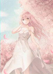 Rule 34 | 1girl, absurdres, bare shoulders, blue sky, blush, brown eyes, cherry blossoms, clothes lift, cloud, collarbone, dress, dress lift, flower, highres, huge filesize, long hair, looking at viewer, muyang, original, parted lips, petals, pink hair, sky, solo, standing, sundress, tree, white dress