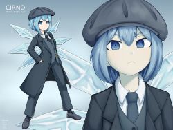 Rule 34 | 1girl, :&lt;, blue eyes, blue hair, cabbie hat, character name, cirno, coat, collared shirt, cosplay, digiral, frown, hands in pockets, hat, highres, ice, ice wings, legs apart, multiple views, necktie, peaky blinders, pocket watch, serious, shirt, short hair, thomas shelby, thomas shelby (cosplay), touhou, v-shaped eyebrows, vest, watch, wings