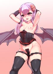 Rule 34 | 1girl, absurdres, armpits, arms up, bare shoulders, betoko, black thighhighs, blush, breasts, c-string, collarbone, corset, demon girl, demon tail, demon wings, eyebrows, fangs, gloves, gradient background, harigane shinshi, highres, horns, long hair, nipples, nose blush, open mouth, original, pointy ears, red eyes, small breasts, solo, standing, strapless bottom, tail, thigh strap, thighhighs, wings