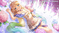 Rule 34 | 1girl, :d, ahoge, apple caramel, arm up, bare shoulders, blonde hair, blue eyes, blue flower, blue hair, blue rose, blush, bow, breasts, commentary, commission, dress, english commentary, feet out of frame, flower, frilled dress, frills, gradient hair, green hair, highres, hydrangea, long hair, looking at viewer, low twintails, lying, multicolored hair, off-shoulder dress, off shoulder, on back, open mouth, original, pink flower, purple flower, rose, shallow water, small breasts, smile, solo, teeth, twintails, upper teeth only, very long hair, water, white bow, white dress, wisteria