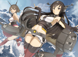 Rule 34 | 10s, 2girls, ankle boots, arched back, black hair, black panties, blue sky, boots, breasts, brown eyes, brown hair, cannon, ccaw, cloud, cowboy shot, elbow gloves, fingerless gloves, gloves, grey footwear, headgear, highres, kantai collection, large breasts, long hair, looking at viewer, mecha musume, microskirt, midriff, multiple girls, mutsu (kancolle), nagato (kancolle), navel, open mouth, outdoors, panties, short hair, skirt, sky, sleeveless, smile, splashing, thighhighs, turret, underwear, water