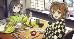 Rule 34 | 2girls, :d, ahoge, bell, black hair, blush, bow, bowl, breakfast, brown eyes, brown hair, chair, checkered clothes, checkered kimono, chopsticks, commentary request, cup, fish, floral print, flower, food, green kimono, hair bell, hair bow, hair flower, hair intakes, hair ornament, hieda no akyuu, highres, holding, holding bowl, holding chopsticks, holding cup, indoors, japanese clothes, jchoy, jingle bell, kimono, long sleeves, looking at viewer, looking to the side, motoori kosuzu, multiple girls, on chair, open clothes, open mouth, purple eyes, red bow, rice, rice bowl, sitting, smile, table, teeth, touhou, touhou lostword, upper teeth only, white flower, wide sleeves, yunomi