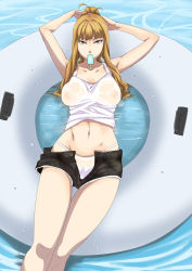 Rule 34 | 1girl, arms up, blonde hair, breasts, brown eyes, cameltoe, cutoffs, denim, denim shorts, food, hamushima, innertube, large breasts, long hair, magical grim, mouth hold, navel, nipples, open clothes, open fly, open shorts, original, panties, ponytail, popsicle, see-through, shorts, solo, swim ring, underwear, unzipped, water, wet, wet clothes